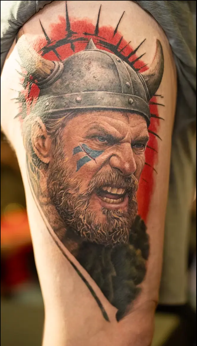 Close-up of a detailed viking tattoo